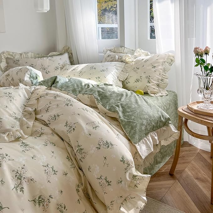 mixinni Reversible Sage Green Floral Duvet Cover Set Twin Size - 100% Cotton Soft Botanical Bedding with Ruffle Lace, 3 Pieces Cute Aesthetic Cottagecore Antique Style Quilt Cover Set for Girls Women