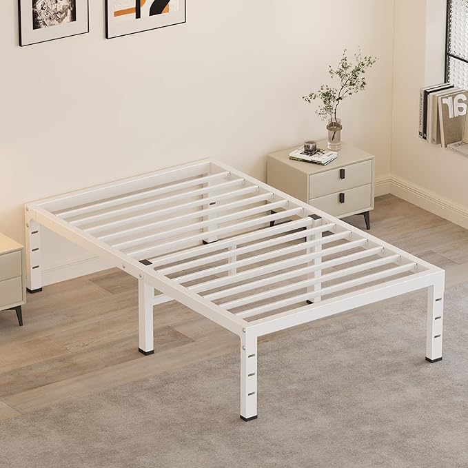14 Inch Twin Bed Frames, Heavy Duty Metal Platform 3500 lbs Capacity, No Box Spring Needed, 6 Mattress Slide Stopper, Headboard Holes, Noise-Free, Easy Assembly, White