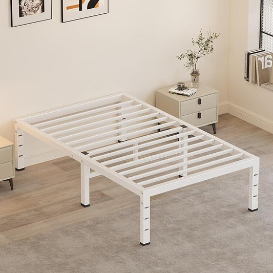 14 Inch Twin Bed Frames, Heavy Duty Metal Platform 3500 lbs Capacity, No Box Spring Needed, 6 Mattress Slide Stopper, Headboard Holes, Noise-Free, Easy Assembly, White