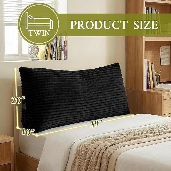 Headboard Pillow Twin, Headboard Wedge Pillow, Back Rest Pillows for Sitting, Reading, Working, Triangle Pillow with Removable Cover, Daybed Pillows for Bed Dorm Sofa, Black