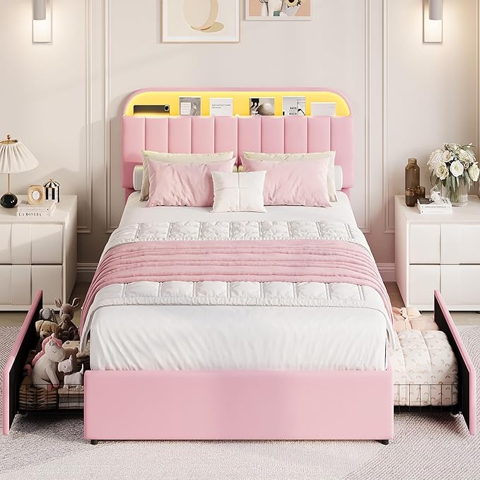 GarveeHome Queen Bed Frame with Storage Headboard, Kids Bed Frame with 2 Drawers, Velvet Upholstered Platform Bed Frame with Lights, No Box Spring Needed, Easy Assembly, Velvet Pink