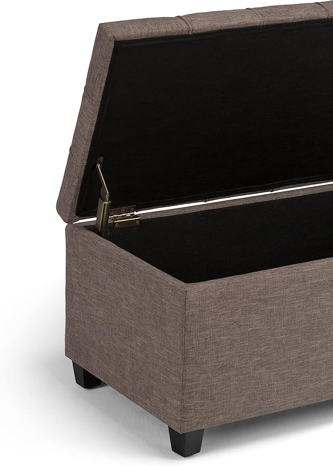 SIMPLIHOME Sienna Storage Ottoman Bench - 33 inch Wide Upholstered Linen Look Fabric Rectangle Storage Ottoman Bench in Tanners Brown, Transitional Tufted Ottoman for Living Room with Lift Top