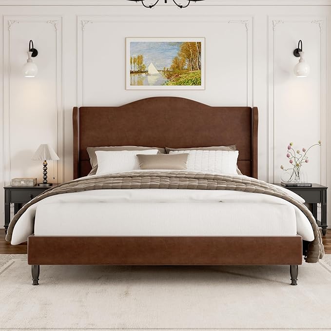 Queen Upholstered Bed Frame with Tall Headboard, Leather Platform Bed Frame with Wingback Sides, Wood Slats Support, Noise-Free Design, No Box Spring Required, Easy Assembly, Dark Brown