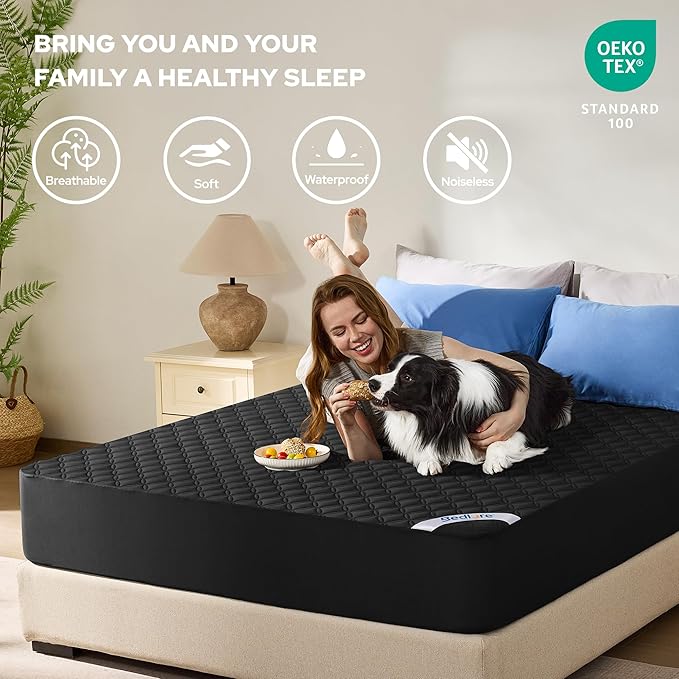 BEDLORE Waterproof Mattress Protector, Noiseless Queen Size Mattress Pad with Deep Pocket Fitted Up to 6-18 inches, Soft Breathable Dirt-Proof Bed Mattress Cover Washable Bedroom, Hotel (Black)