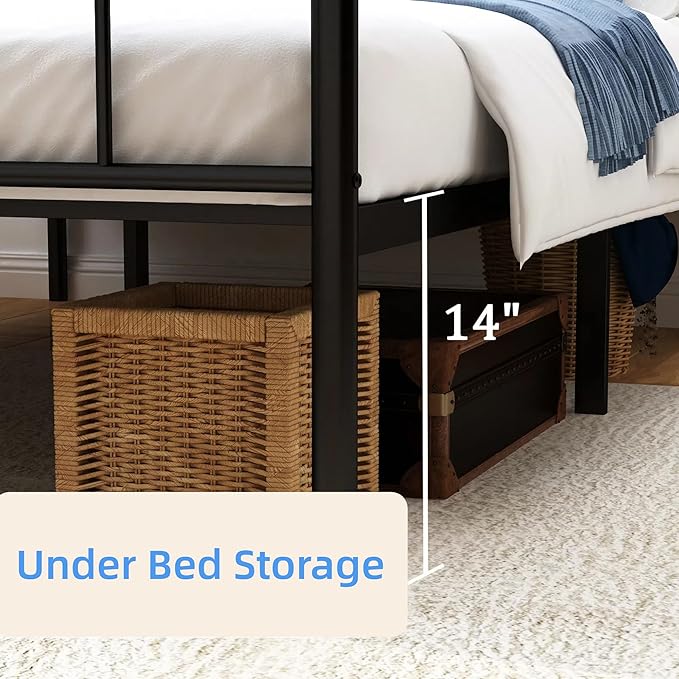 FONTOI Twin Size Bed Frame, 14 Inch Metal Platform Bed with Iron-Art Headboard & Footboard, Max 3500lbs Metal Slat Support, Classic Bed Frame with Under Bed Storage & No Box Spring Needed, Black
