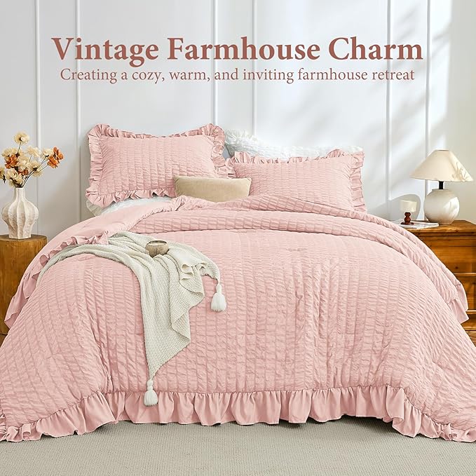 JOLLYVOGUE Twin Size Comforter Set, 2 Pieces Rose Gold Seersucker Lightweight Fluffy Bedding Set, Twin Ruffle Comforter, All Season Soft Microfiber Shabby Chic Bed Set