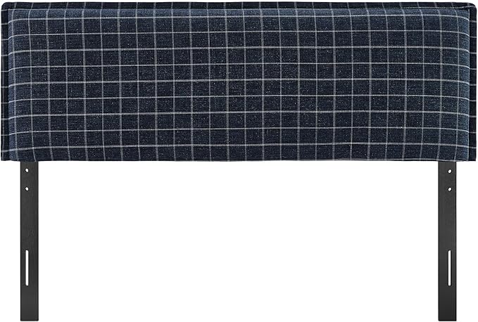 Modway Camille King Size Checkered Linen Blend Plaid Headboard with Removable Slipcover – in Denim Windowpane Check - Padded Pillow Style Headboard with Adjustable Mounting for King Beds