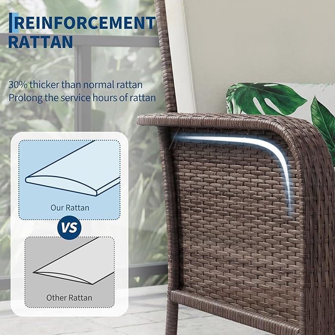 GarveeHome Outdoor Wicker Chairs Set of 2, All-Weather High Back Rattan Patio Furniture, 2-Piece Conversation Set with Comfy Cushions for Porch, Deck, Brown, Beige Cushion