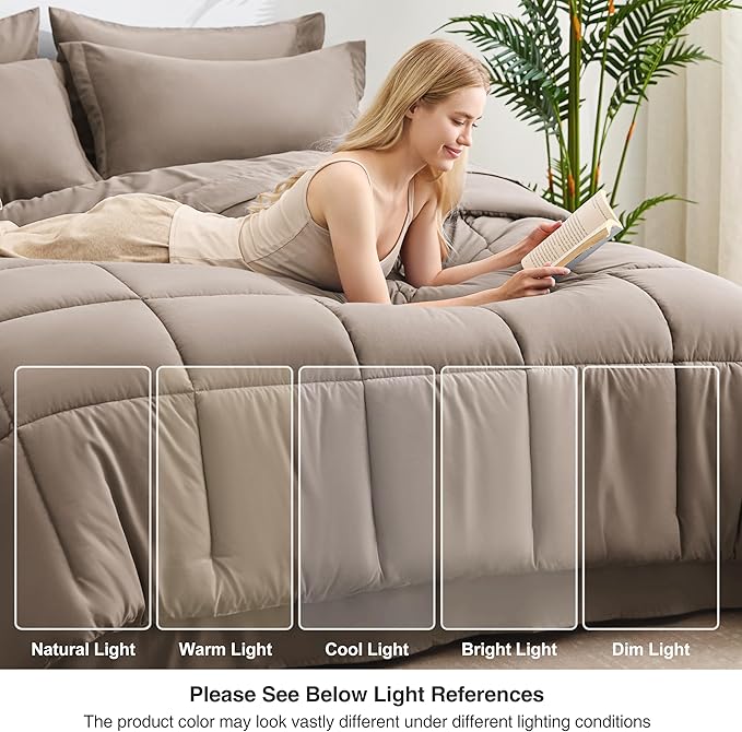Love's cabin Twin XL Comforter Set Light Brown, 5 Pieces Twin XL Bed in a Bag, All Season Bedding Sets with 1 Comforter, 1 Flat Sheet, 1 Fitted Sheet, 1 Pillowcase and 1 Pillow Sham | Soft, Breathable, Lightweight, Comfortable