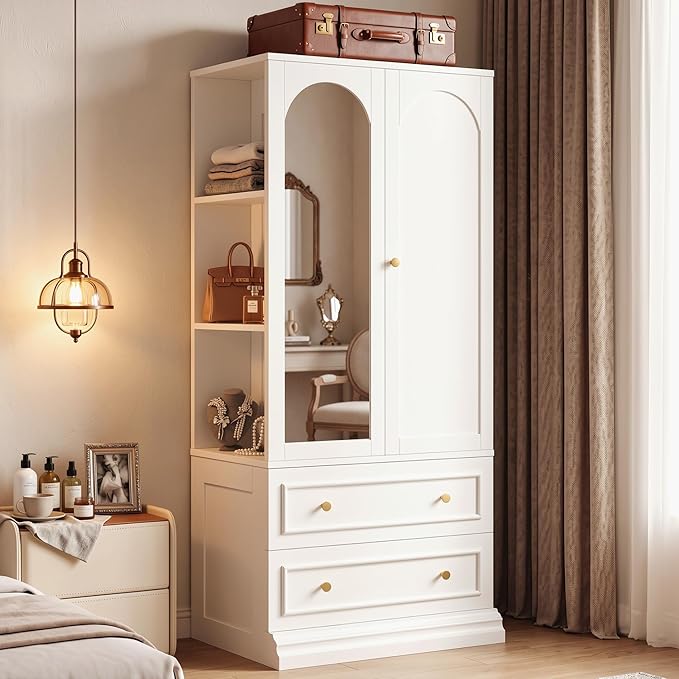 LIKIMIO Armoire Wardrobe Closet with Full Length Mirror, 2 Drawers, 71" Freestanding Bedroom Armoire with 3 Open Shelves, 3 Side Hooks & Hanging Rod, Clothing Storage Cabinet for Bedroom, White