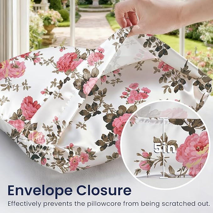 EXQ Home Satin Pillowcase for Hair and Skin Queen - Printed Spring Flowers Silk Pillow Cases 2 Pack 20x30 inches - Satin Pillow Cases Set of 2 with Envelope Closure, Gifts for Women Men
