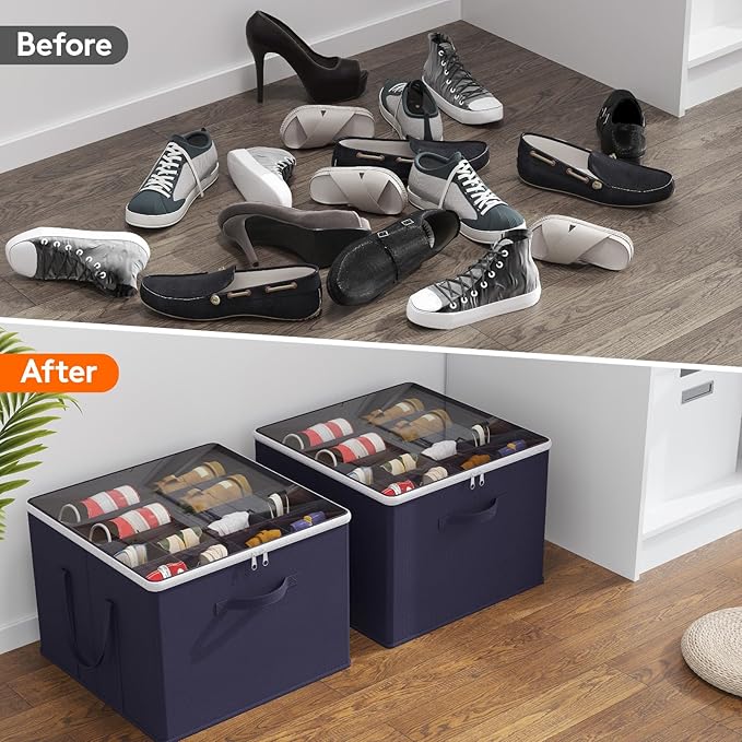 Lifewit 4 Pack Shoe Storage Organizer for Closet, Large Shoe Box Storage Containers with Clear Cover, Foldable Storage Bins Fit for Boots Fits 48-64 Pairs (Each 12-16 Pairs) Blue