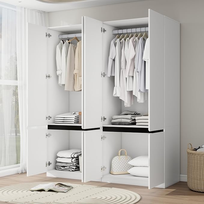 Armoire Wardrobe Closet with Doors: 75" White Large Wardrobe Closet with 4 Doors, Clothes Cabinets for Bedroom Armoires with Storage, Wood Wardrobes Closets for Hanging Clothes (C+C, 63")