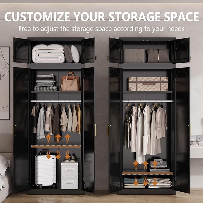 Polup Metal Armoire Wardrobe Closet, 86 Inch Tall Freestanding Wardrobe Cabinet with Hanging Rod, Bedroom Armoires with Doors, 18" D x 32" W x 86" H, Black, Assemble Required, Shipped in Two Packages