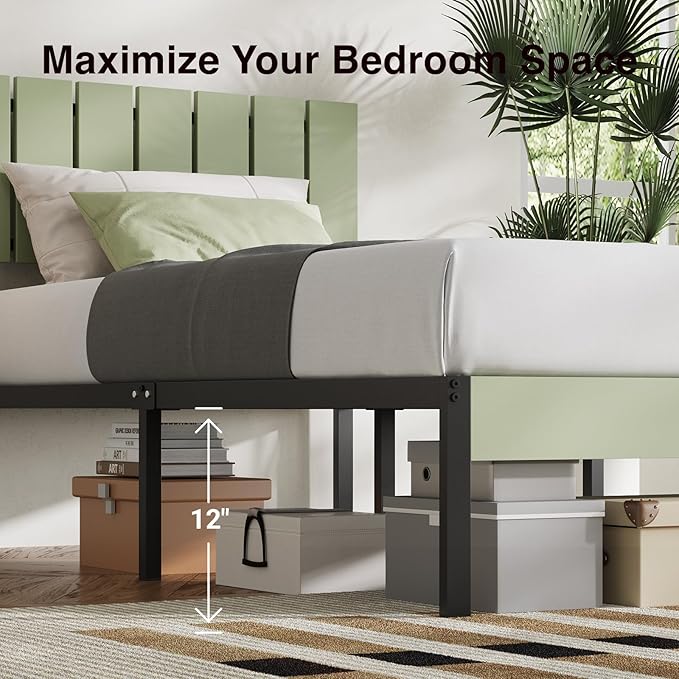 Novilla Twin Bed Frame with Modern Wooden Slatted Headboard, Easy Assembly, Heavy Duty Metal Platform, Noise-Free, Under-Bed Storage, No Box Spring Needed