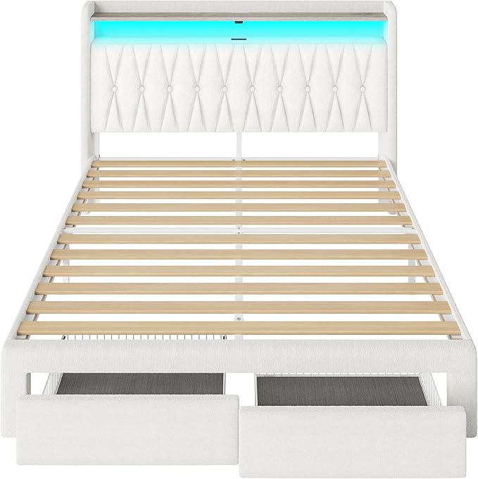 Rolanstar Full Bed Frame with Drawers, Storage Headboard with Charging Station and LED Lights, Upholstered Bed with Heavy Duty Wood Slats, No Box Spring Needed, Noise Free, Easy Assembly, Beige