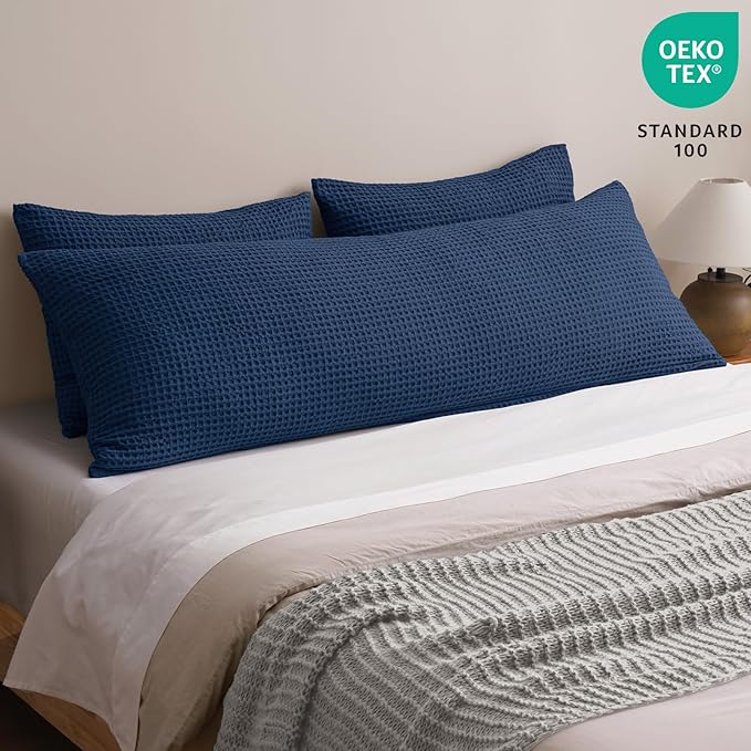 PHF Ultra Soft Waffle Weave Body Pillowcase with Zipper, No Insert, 1Pack 20" x 54" Pillow Sham, Breathable & Skin-Friendly Body Pillow case, Stylish Decorative Bed Pillow Cover, Navy Blue/Dark Blue