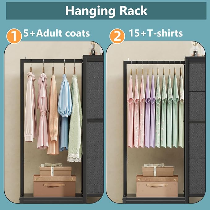 HIGDBFE Dresser with Hanging Rack, 4 Drawers Small Closet for Bedroom, Reversible Fabric Kids Chest of Drawers with Clothes Rack, Tall Storage Tower, Sturdy Frame, Grey, 44''H
