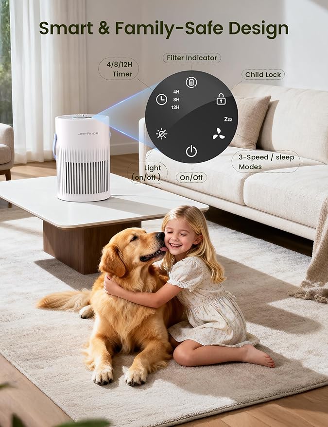 Air Purifers for Home, Hepa Air Purifier for Bedroom, Air Cleaner for Pet Dander, Quiet Sleep Mode, Portable Air Purifier for Office, Odor, Dust, Smoke (White)