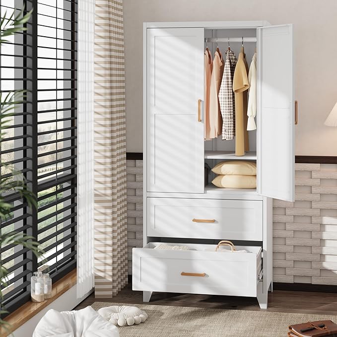 INTERGREAT 71” H Metal Wardrobe Cabinets with 2 Doors, Large Clothing Storage Cabinets with Hanging Rod and Adjustable Shelves, Closet for Home Living (White)