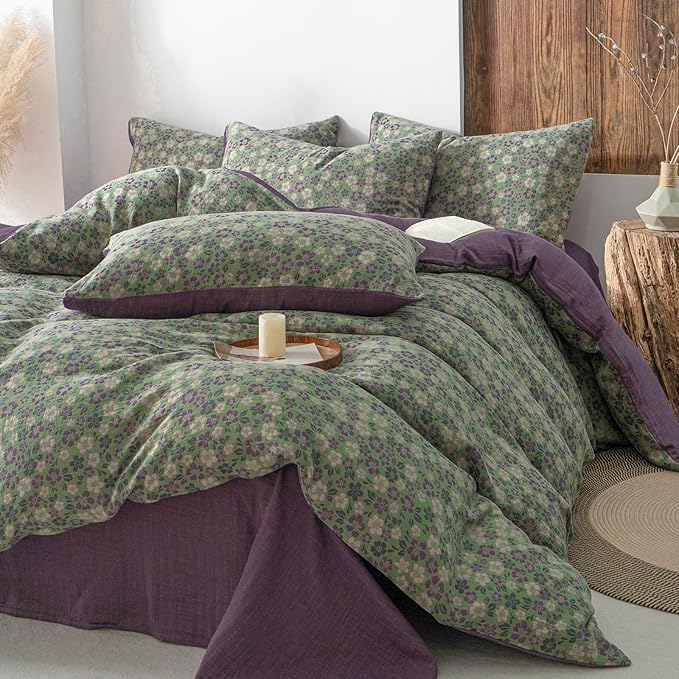 VM VOUGEMARKET Vintage Floral Jacquard Duvet Cover Set King Breathable Double Layered Gauze Bedding Collection for All-Season,Green & Purple