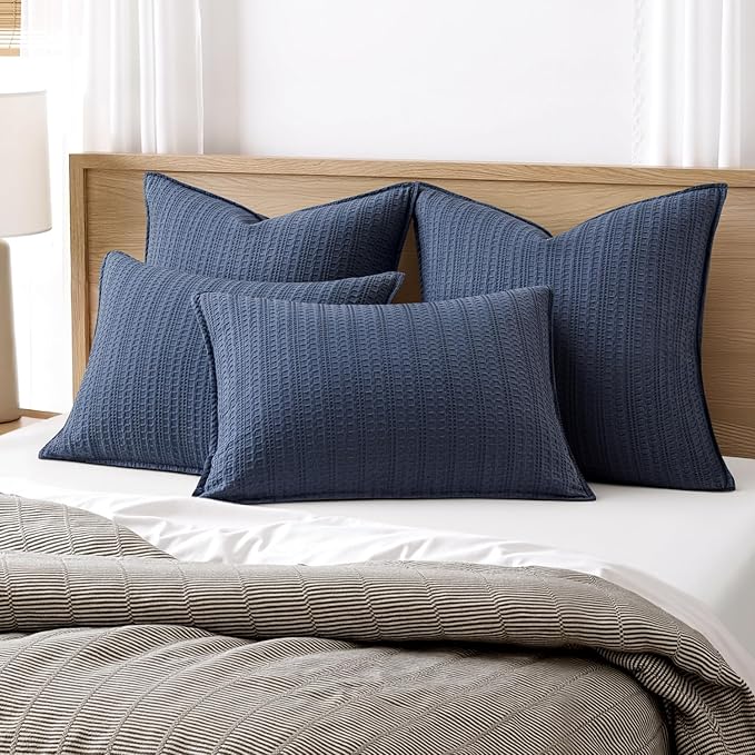 Set of 2 Decorative 100% Cotton Waffle Euro Sham Pillow Covers 24x24, Neutral Throw Pillows Weave European Cushion Cases for Couch Sofa Bed Modern Farmhouse Home Decor, Navy Blue
