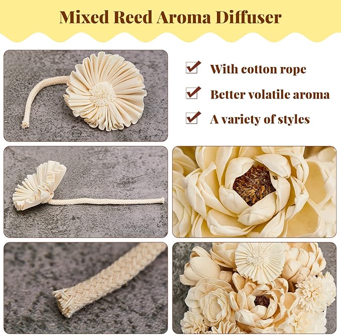Waydress 15 Pcs Diffuser Mixed Sola Flowers Natural Material Aromatherapy Reed Wood Flowers Decorative Aromatherapy Flower Placement Refill Wood Flower Diffuser with Rope(Various,Cute)