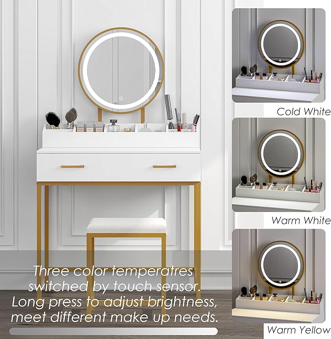 UTEX Makeup Vanity Desk with Mirror and Lights, Makeup Vanity Set with Drawers, Small Dressing Up Table, 3 Lighting Modes Dresser Desk and Cushioned Stool Set for Bedroom White and Gold
