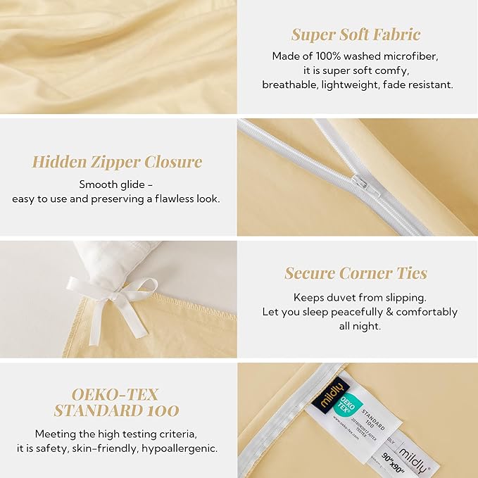 MILDLY Super Soft Duvet Cover - 100% Washed Microfiber Butter Yellow Comforter Cover Set 3 Pieces with Zipper Closure & Corner Ties