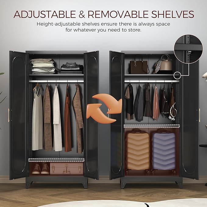 Metal Armoire Wardrobe Closet with 2 Doors, 71" Black Wardrobe Cabinet with Hanging Rod and Adjustable Shelves, Tall Clothing Storage Cabinets for Bedroom, Laundry Room, Home Office
