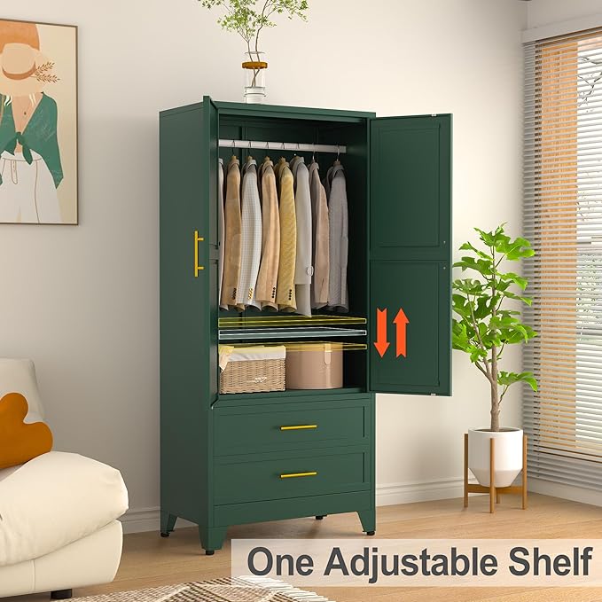 RIETERN Metal Armoire Wardrobe Closet, 71" Tall Bedroom Closet with 2 Drawers, Adjustable Shelves, and Hanging Rod, Steel Clothes Closets and Storage, for Bedroom Green