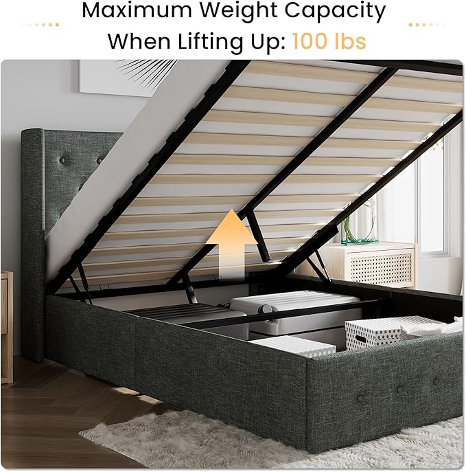 SHA CERLIN Full Size Lift Up Storage Bed Frame,Button Tufted Wingback Headboard,Upholstered Platform,Hydraulic Storage,Wooden Slat Support,No Box Spring,Dark Grey