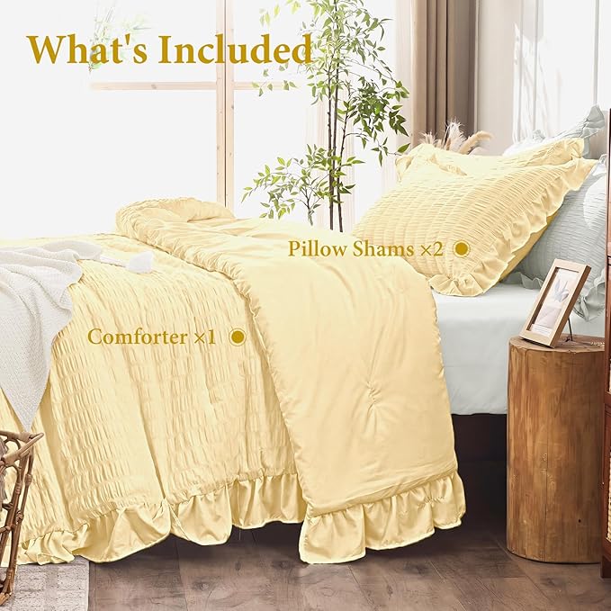 JOLLYVOGUE King Size Comforter Set, 3 Pieces Light Yellow Seersucker Comforters King Size, Lightweight & Fluffy Bedding Sets King for All Season with 1 Ruffle Comforter and 2 Ruffle Pillowshams