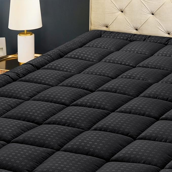 HYLEORY King Mattress Pad Quilted Fitted Mattress Protector Cooling Pillow Top Mattress Cover Breathable Fluffy Soft Mattress Topper with 8-21" Deep Pocket, Black