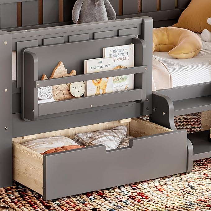Bellemave Twin Size Kids Montessori Bed with Stairs and Bookshelf,Solid Wood Twin Size Kids Bed Frame with Drawers and Storage for Girls Boys,Low-Profile,Gray