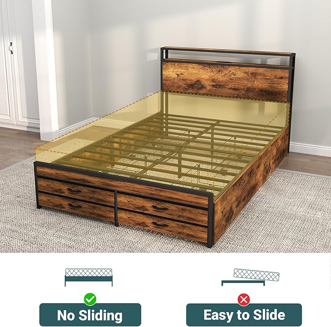 Zevemomo Full Bed Frame with 8 Storage Drawers, Full Metal Bed Frame with LED Light and Charging Station, Heavy Duty Metal Slats, No Box Spring Needed, Rustic Brown
