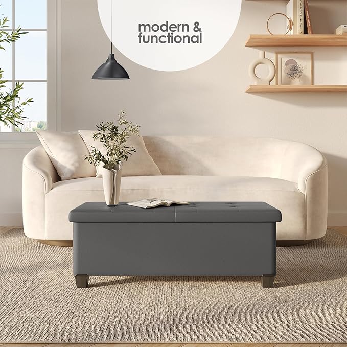Storage Ottoman Bench with Bins, 43-in Storage Bench for Bedroom End of Bed, Folding Foot Rest Ottoman for Living Room Max 660lbs, Faux Leather Ottomans, Grey