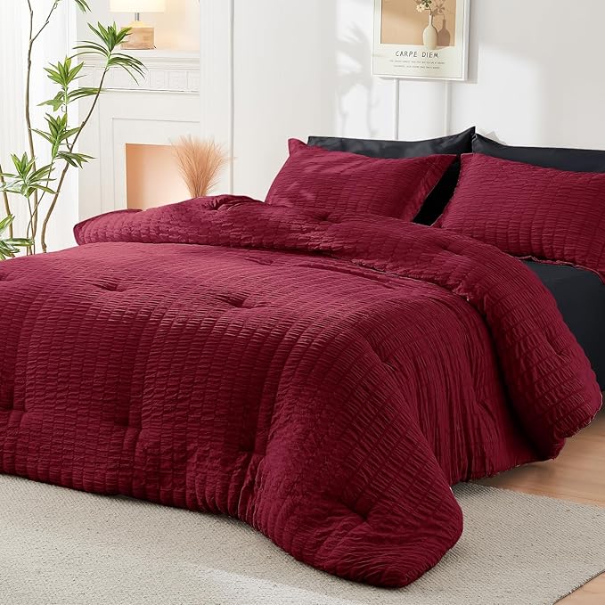 HYMOKEGE Red & Black King Size Comforter Set Seersucker 7 Pieces, All Season Luxury Bed in a Bag for Bedroom, Bedding Set with Comforters, Sheets, Pillowcases & Shams