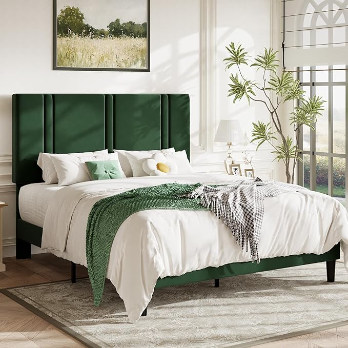 Allewie Queen Platform Bed Frame with Adjustable Headboard, Plush Velvet Upholstered, Vertical Channel Tufted, Sturdy Wooden Slats, No Box Spring Needed, Easy Assembly, Green