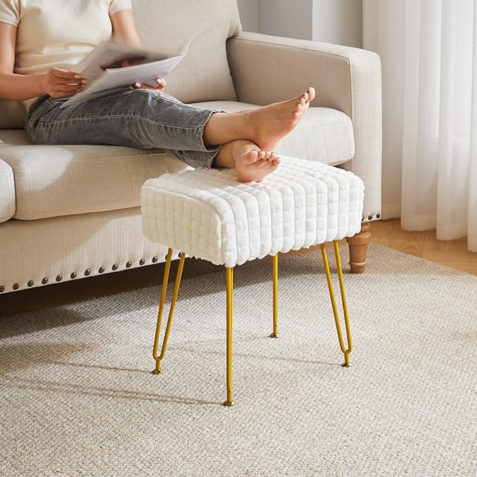 IBUYKE Rectangular Footrest Stool Ottoman, Makeup Vanity Stool Side Table, Velvet Dressing Table Seat, Footstool Chair, Golden Steel Legs, for Makeup Room, Bedroom, Square Grid Pattern, White WBD003W