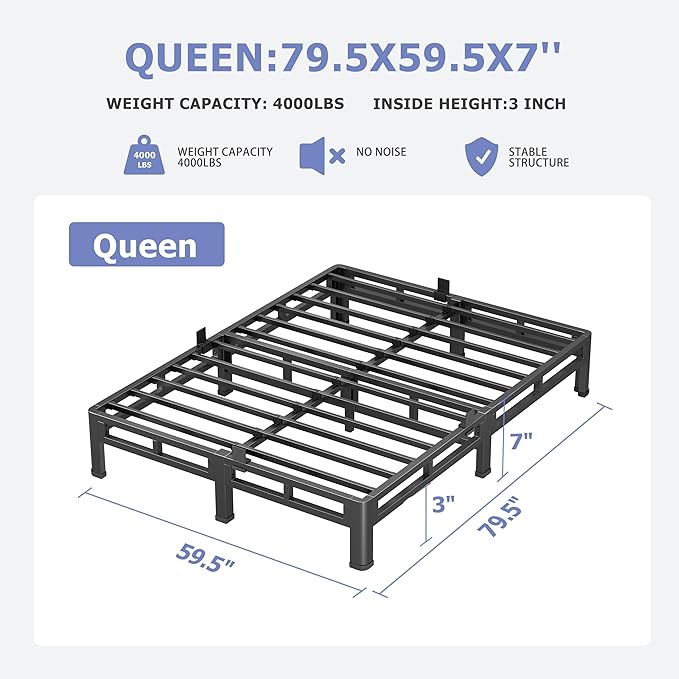 NKZ 7 Inch Queen Size Bed Frame, Metal Bed Frame & Box Spring 2 in 1 Platform with Round Corner Legs, 4000Lbs Heavy Duty Low-Profile Frame, Mattress Slide Stopper, Noise-Free, Easy Assembly