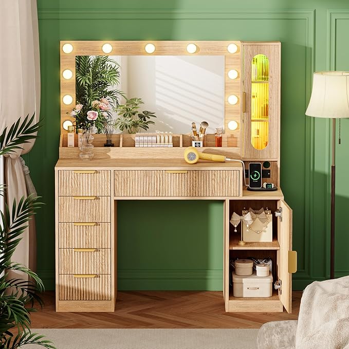 Fluted Makeup Vanity Desk with Large 31.4" Mirror and Sound Sync RGB Lights, Wood Vanity with 6 Drawers, 2 Cabinet & 3 Compartments, Charging Station, Bedroom Dressing Table, Natural Oak