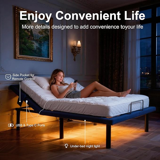 Fromann Adjustable Bed Frame Full, Adjustable Bed Base with Wireless Remote and USB Ports, Zero Gravity, Massage, Head & Foot Incline, Under-Bed Lights, Anti-Snore