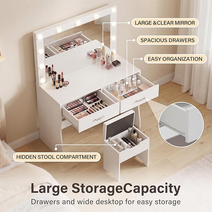 YESHOMY Vanity Desk with Mirror,Makeup Vanity Table with 11 Adjustable Lights and 2 Spacious Drawers,3 Lighting Modes with Control&Soft-Padded Storage Stool,Modern Bedroom Vanity Set, White