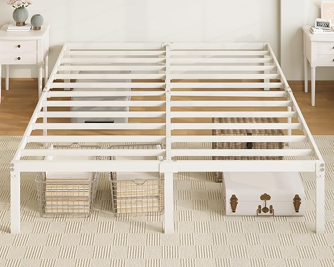 Allewie Queen Bed Frame, 14 inch Metal Platform Beds with Storage Space, No Box Spring Needed and Easy Assembly, White