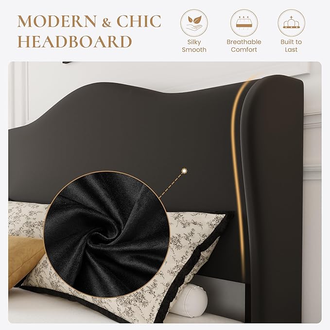 SHA CERLIN Full Size Velvet Platform Bed Frame with Elegant Wingback Headboard, Modern & Luxurious Design, Sturdy Wooden Slats, No Box Spring Required, Easy Assembly, Noise-Free, Soft Black
