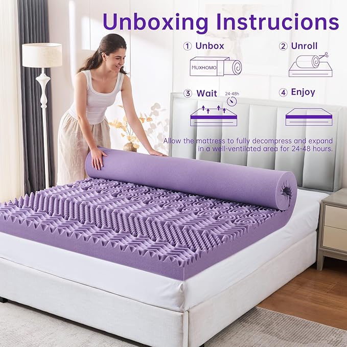 MUXHOMO 3 Inch 7-Zone Twin Mattress Topper, Egg Crate Memory Foam Mattress Topper Twin Size for Back Pain, Lavender Cooling Gel Infused Bed Pad, CertiPUR-US and Oeko-TEX Certification (38"×75")