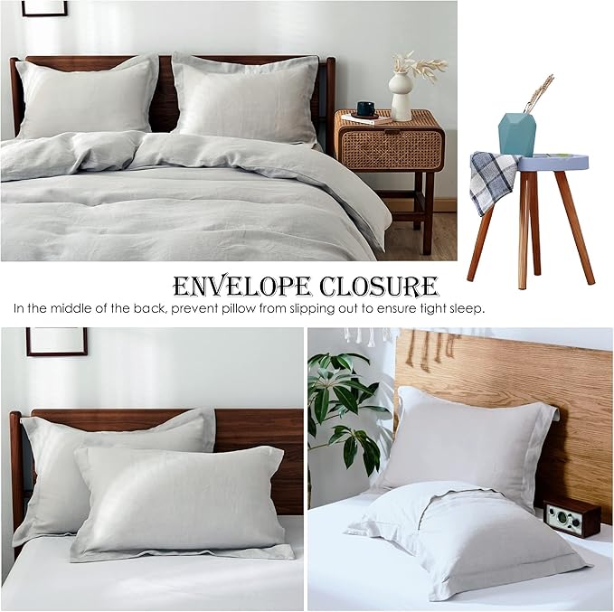 Simple&Opulence 100% Linen Duvet Cover Set 3pcs Basic Style Natural French Washed Flax Solid Color Soft Breathable Farmhouse Bedding with Button Closure - Light Grey, King