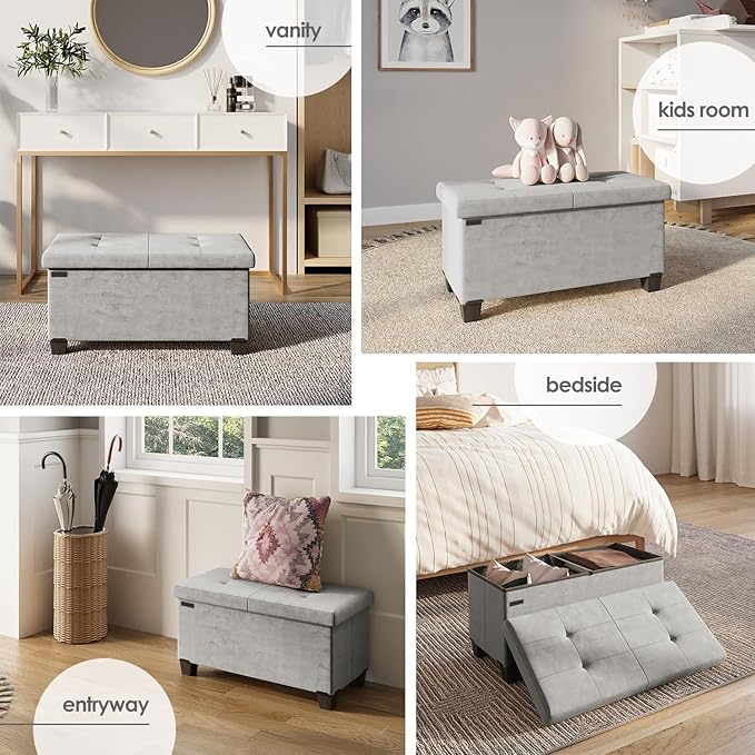 Storage Ottoman Bench with Bins, 30-in Storage Bench for Bedroom End of Bed, Folding Foot Rest Ottoman for Living Room Max 660lbs, Velvet Ottomans, Light Grey