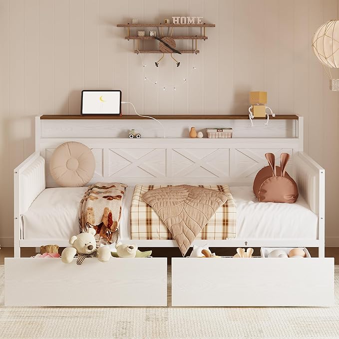 IRONCK Twin Size Daybed with Storage Drawers, Sturdy Metal Bed Frame with X-Shaped Headboard and Charging Station, Upholstered Farmhouse Daybed for Living Room, Bedroom, and Guest Room, White/Walnut